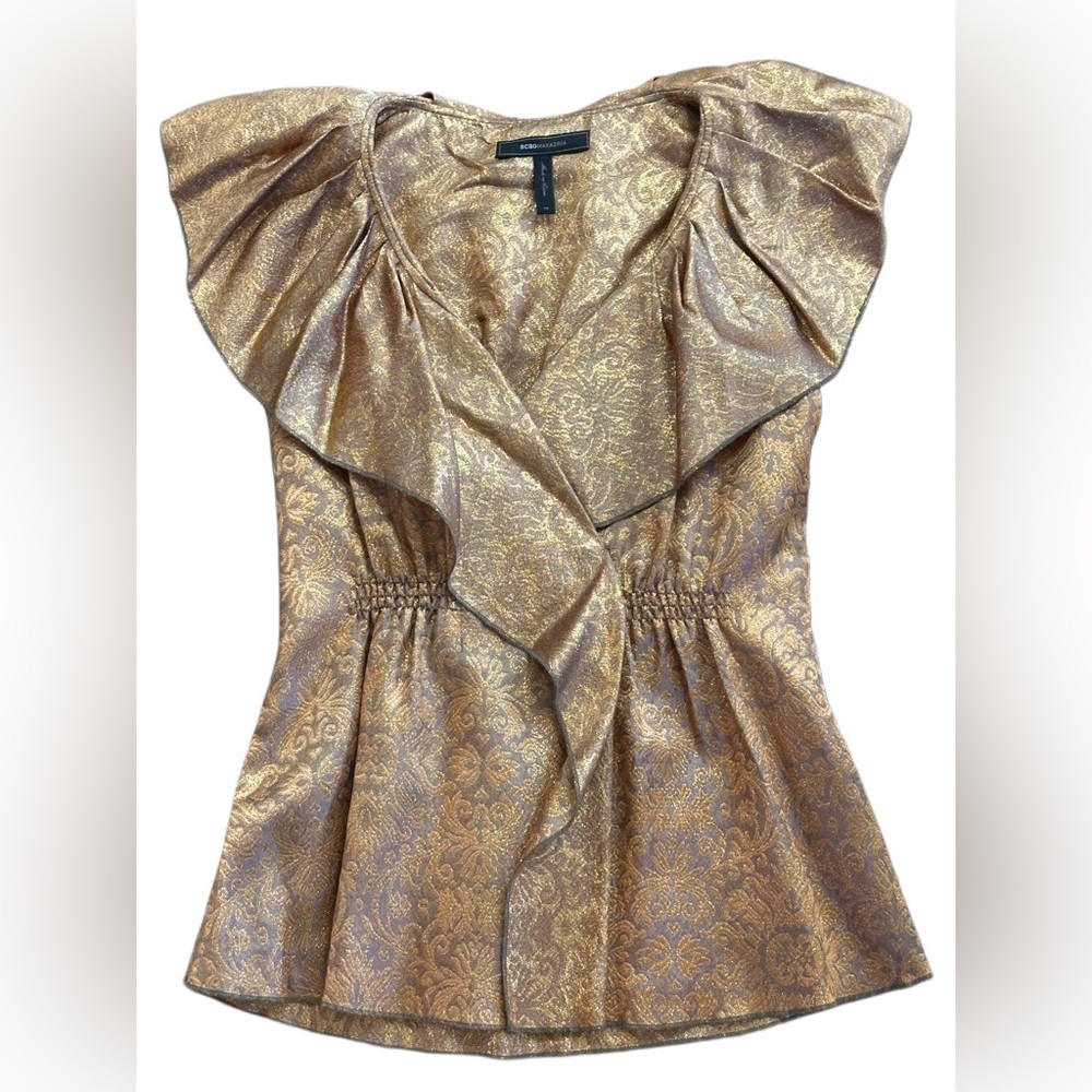 BCBG Maxazria Metallic Ruffle Gold Stretch Waist Tank XS